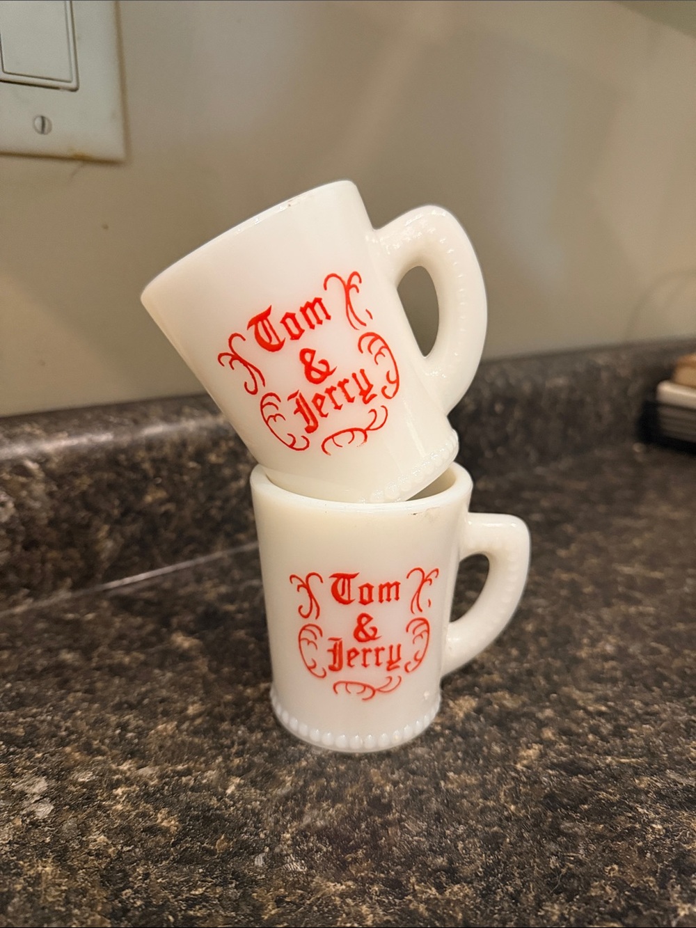 Vintage 1950’s McKee Tom & Jerry Milk Glass 6 oz Cup Mugs Pair